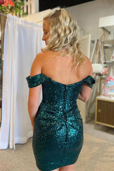 Bling Sheath Off the Shoulder Dark Green Sequins Short Homecoming Dress